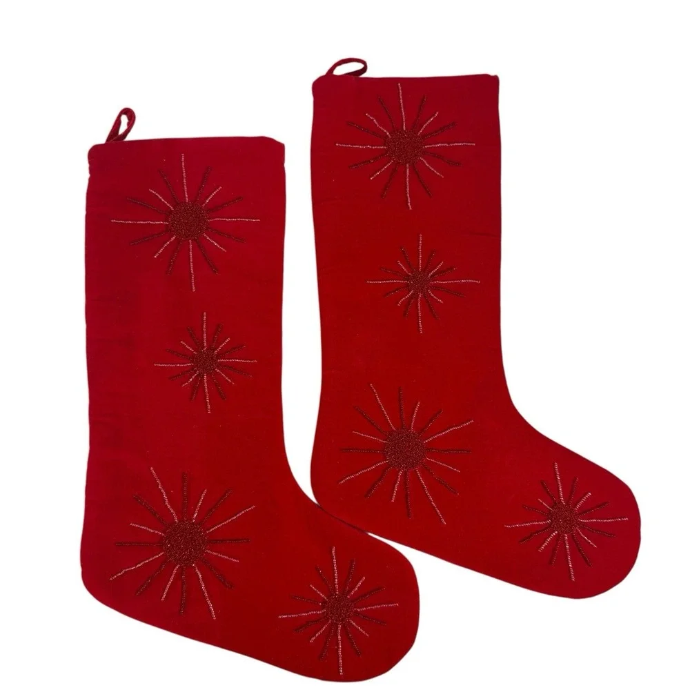 Merry Christmas Stocking Red Velvet Beaded Xmas Hanging Primitive‎ Mid-Century